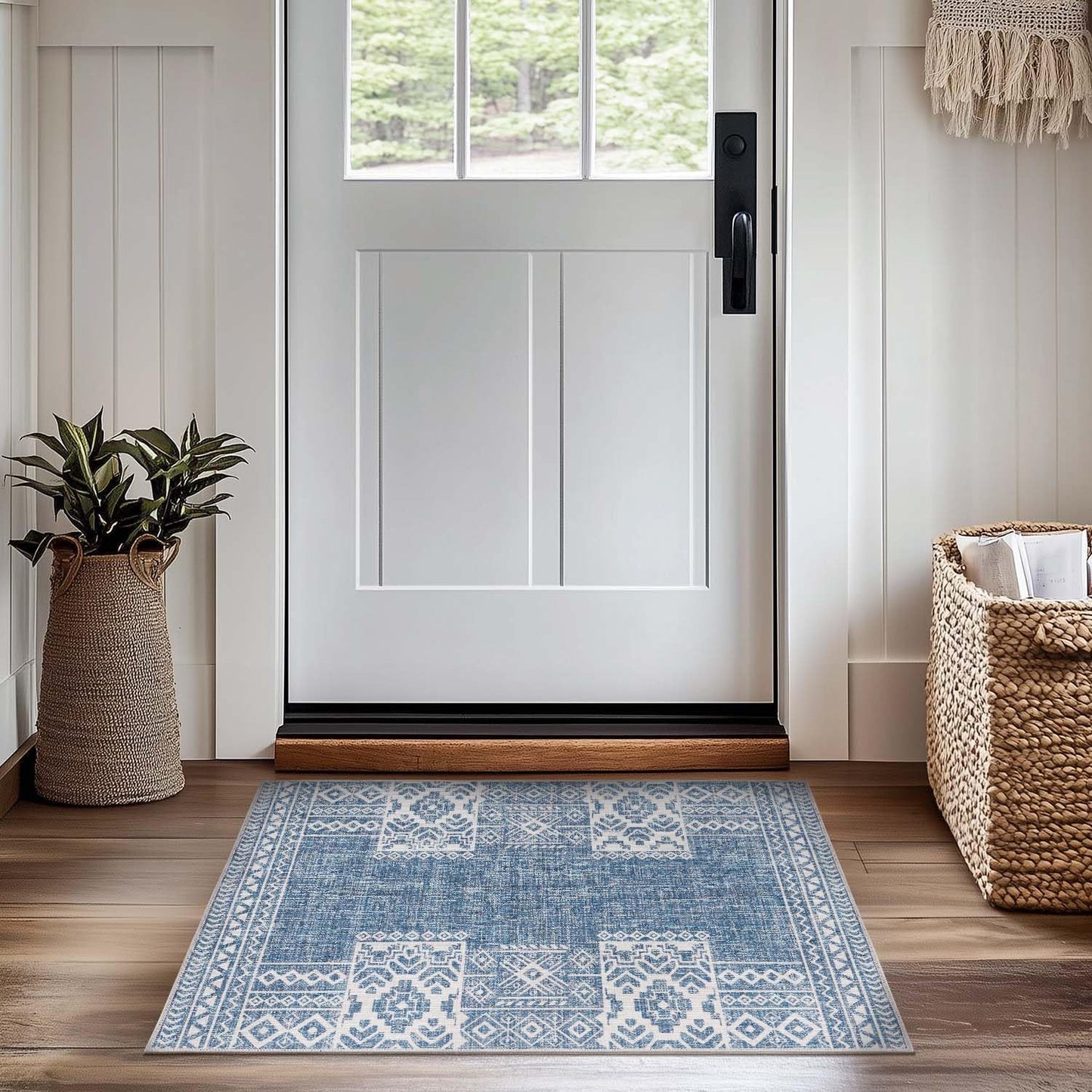 jinchan Area Rug 4x6 Ultra-Thin Washable Vintage Boho Geometric Entryway Rug Non-Slip Non-Shedding Carpet for Living Room Bedroom Blue Ivory