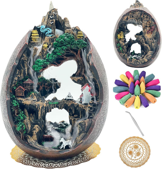 Mountain Waterfall Incense Burner，Backfall Incense Holder River, Incense Falls Meditation Decor for Room with Upgrade Incense Cones and Accessories (Mountain)
