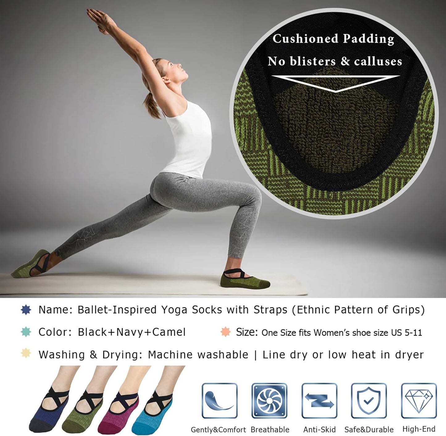 Ozaiic Pilates Socks for Women Non Slip Grip, Yoga Socks with Grippers for Barre, Hospital, Ballet, Dance, Barefoot Workout
