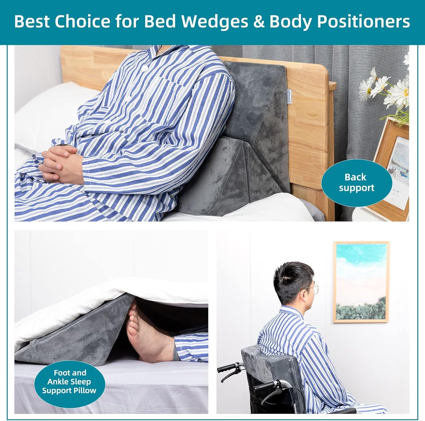 Fanwer Bed Wedges & Body Positioners (3 in 1), 40 Degree Wedges for Bed Positioning,Positioning Pillows for Elderly, Wedge Pillow for Bed Sores, Side Sleeping, After Surgery, Knees Elevated,Back Pain
