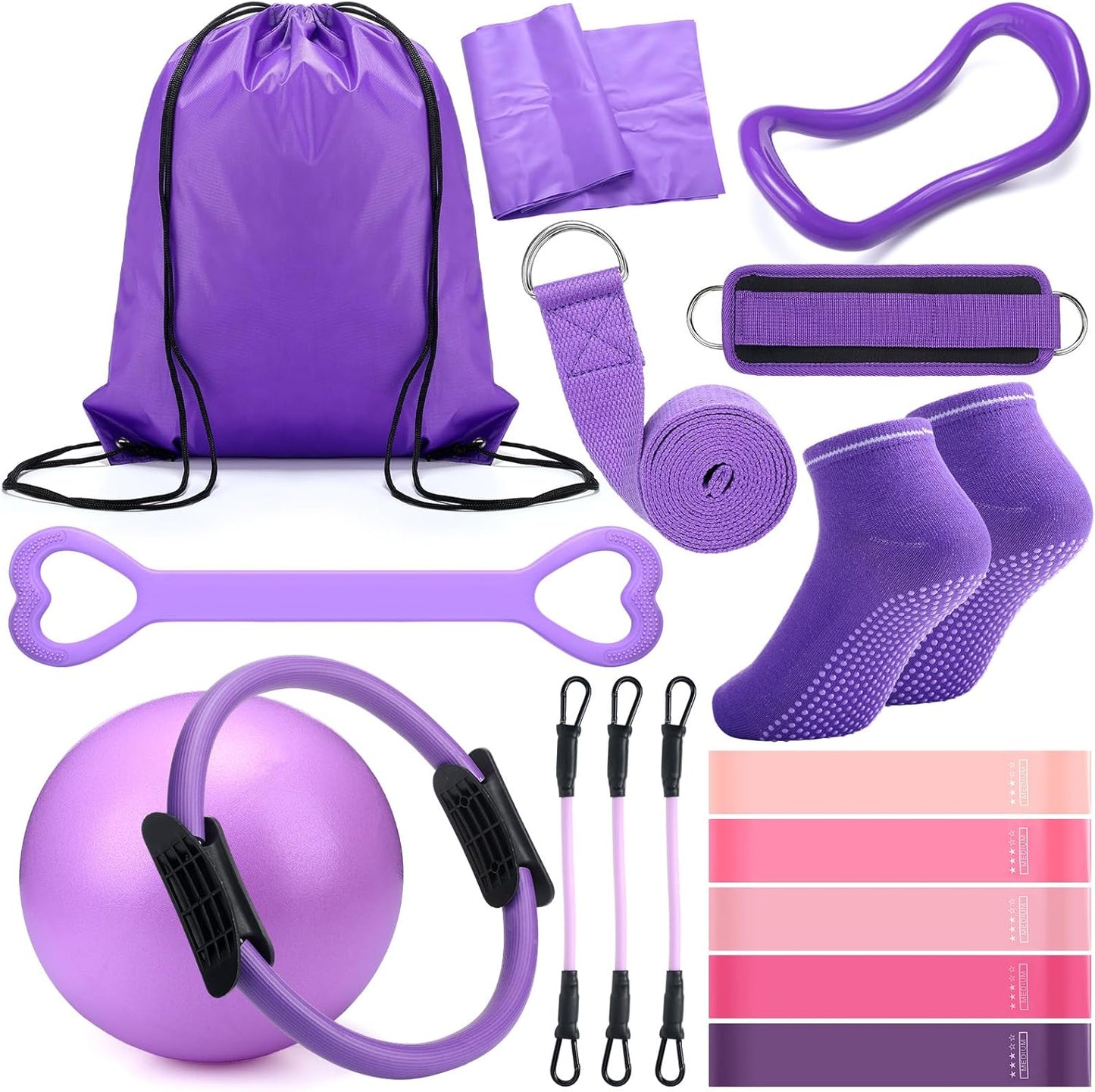 RoundFunny Pilates Ring Circle Set 18 Pcs Exercise Equipment Accessories for Women Workouts Pilates Ball Stretching Strap Magic Circle Yoga Ring Gym Back Bag Resistance Band Anti Slip Socks