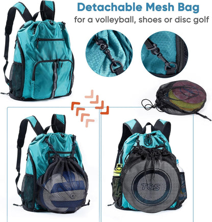 Large Beach Backpack Waterproof Sandproof - Customized Oversized Drawstring Pool Bag with Shoe Compartment for Toiletries, Towels, Gym, Travel