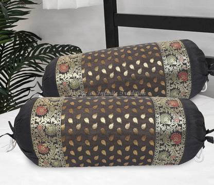 Ethnic Living Room Decorative Bolster Tube Pillow Covers Cylindrical Black Yoga Large Couch Round Cushion Cover Jacquard Brocade Silk Small Leaves Throw Pillow Case 76x38cm (30x15 inch) - 2 Pc.