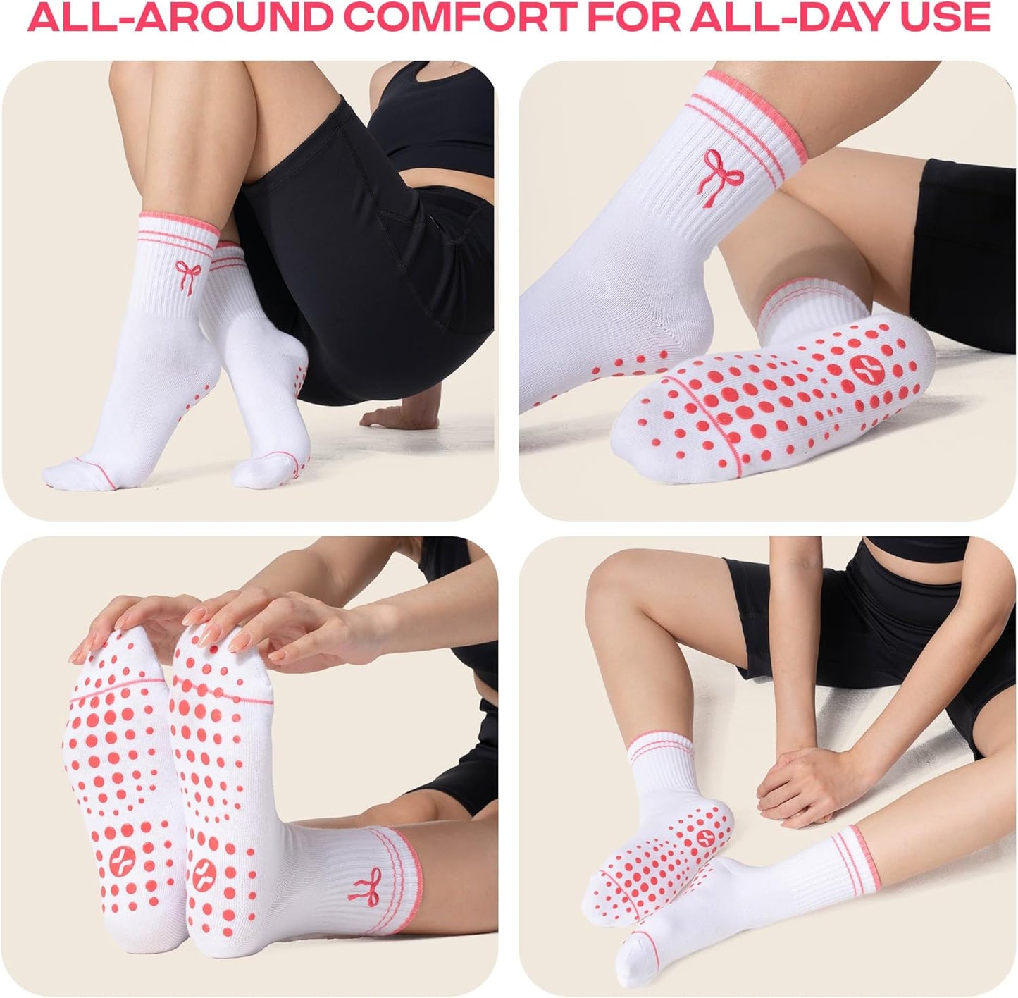 COOLMATE Pilates Socks with Grips for Women, Yoga Socks, Crew Non Slip Women for Barre, Pilates Gifts for Women - Colors A
