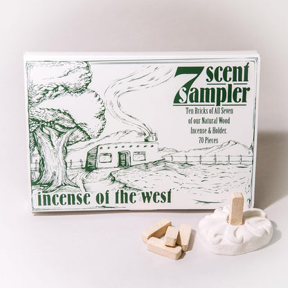 Incienso de Santa Fe - 7 Scent Sampler Natural Wood Incense with Burner, Includes Piñon, Cedar, Juniper, Hickory, Alder, Mesquite, and Fir Balsam (70 Bricks) - Made in the USA