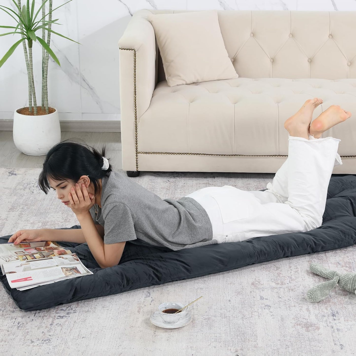 HOMBYS Floor Lounger Pillow Foldable and Tufted Design Long Floor Cushion for Yoga, Reading, Sleeping, Meditation, Elastic Band for Roll Up and Easy Storage, Machine Washable, Dark Grey, 74"x27"