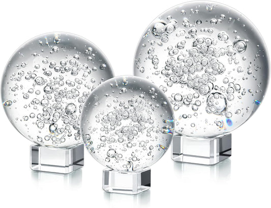 ZEERSHEE Set of 3 Colorful Cracked Crystal Balls (60/80/100mm) with Stands Healing Glass Spheres Paperweight for Yoga Meditation Feng Shui Divination Fortune Telling Home Office Christmas Decor