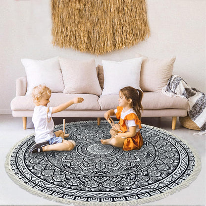 Boho Rug 5Ft Round Bedroom Carpet Circle Nonslip Farmhouse Area Rug Rustic Mandala Floor Mat for Living Room Locker Room Tassel Yoga Throw Rugs Washable Doormat, Purple