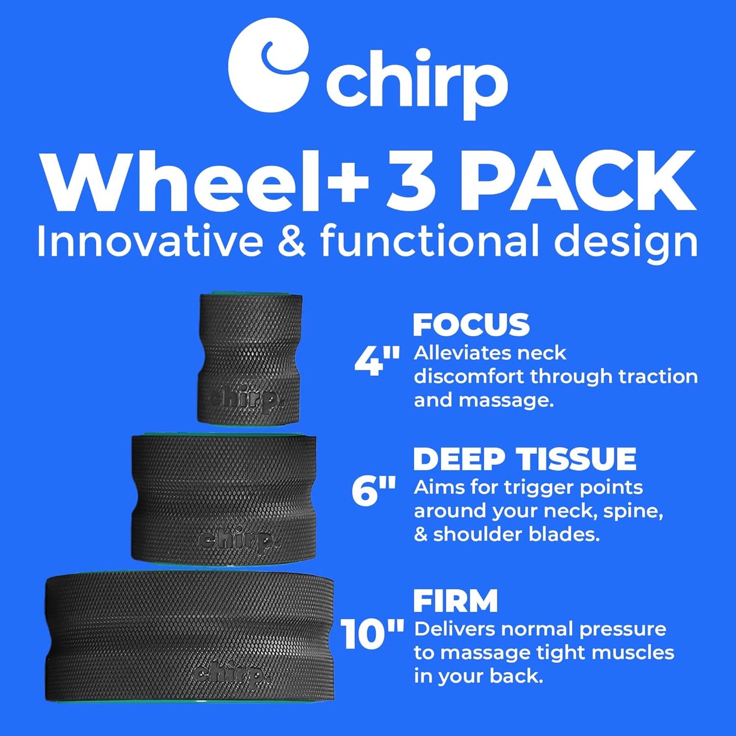 Chirp Wheel Foam Roller – Targeted Back & Neck Relief, Lumbar Spine Stretcher, Spinal Decompression Back Stretcher, Massage Roller with Density Foam for Physical Therapy, Supports 500lbs, 4-Pack Black