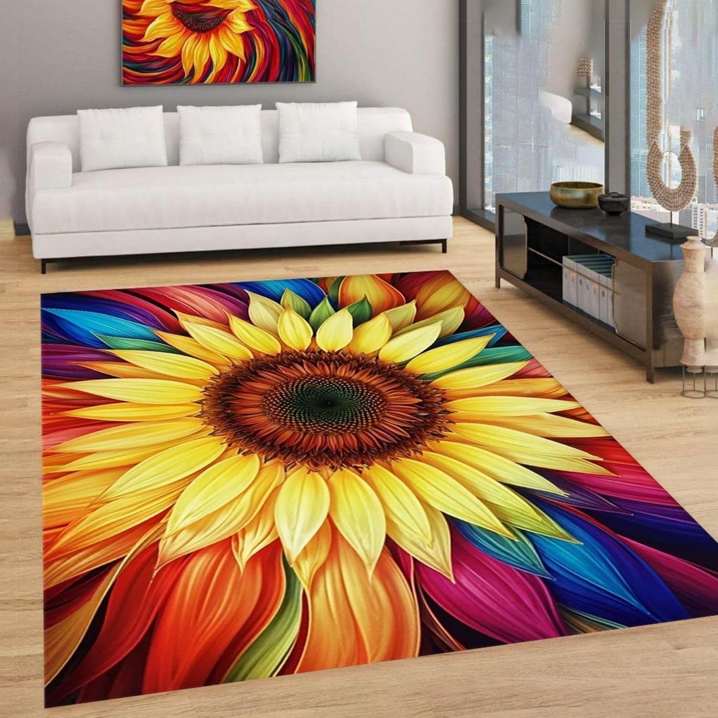 You are My Sunshine Sunflower Area Rug 6x8ft Beautiful Bee Butterfly Rug Indoor Low Pile Non-Shedding Carpet for Contemporary Retro Living Room Bedroom Yoga Mat Washable Non-Slip Rugs