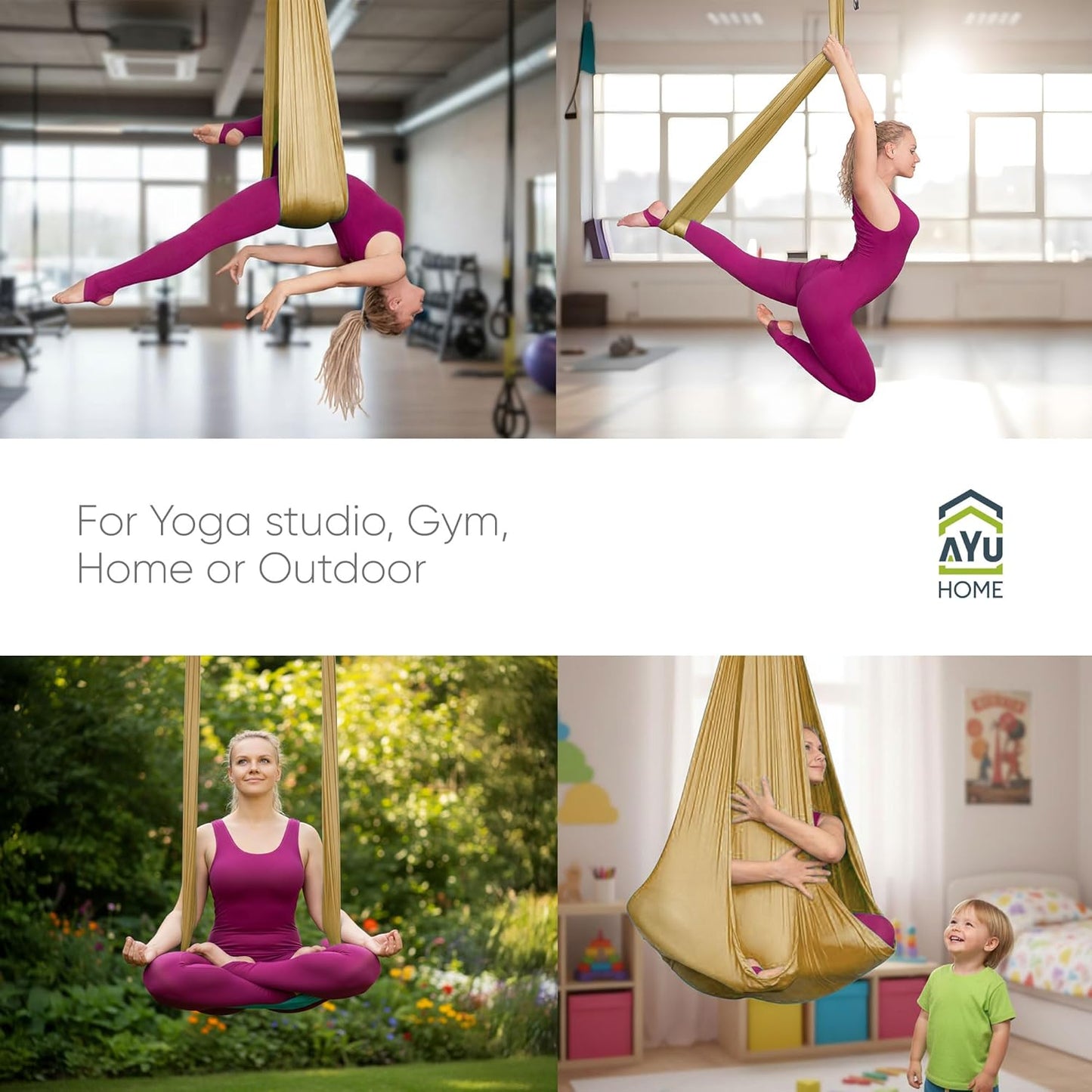 AyuHome Aerial Silks Kit for Home - Premium Yoga Swing for Kids and Adults with 660 lbs Capacity - Versatile Aerial Yoga Hammock for Gymnastics Training