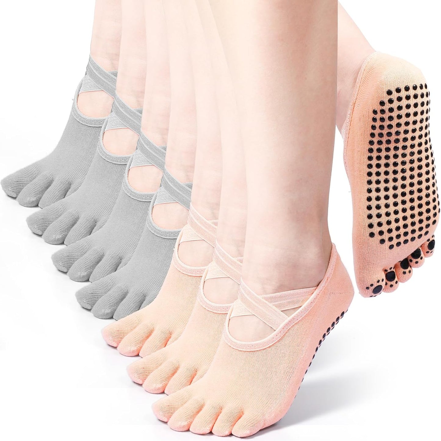 SATINIOR 7 Pairs Yoga Toe Socks with Grip Women Non Slip Sticky Full Toe Socks for Pilates, Ballet, Dance, Barefoot (Multi Colors)