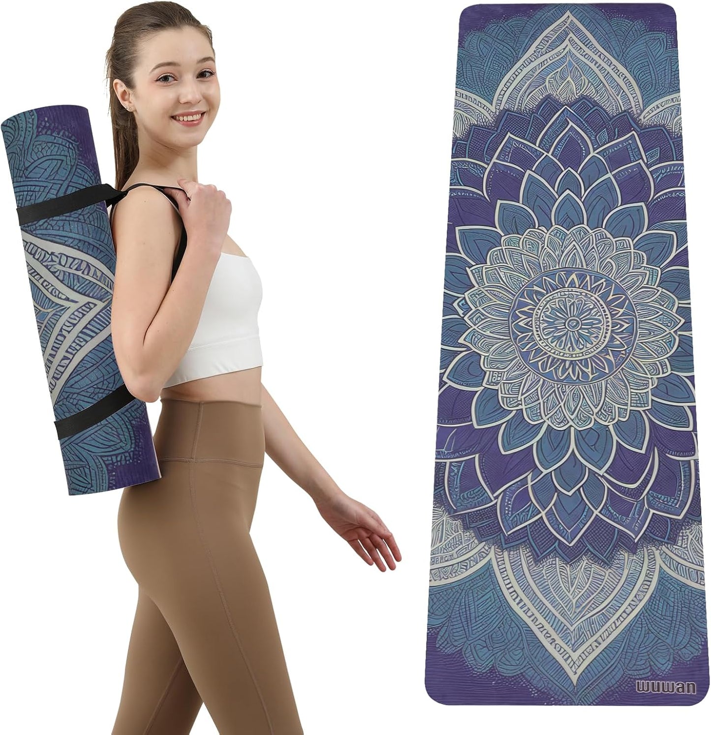 Printed Yoga Mat 72" x 24" Thick 6mm Non-Slip Fitness Exercise Exercise Mat with Strap for Women Men Yoga Pilates Workout Gym Floor Workout (Blue Lotus Flower)