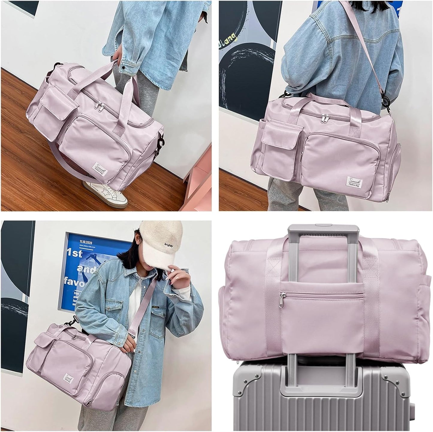 Suruid Travel Yoga Duffel Bag with Shoes Compartment Sports Gym Handbag with Dry Wet Separated Pocket for Training Men and Women, Overnight /Weekender Bag - Pink