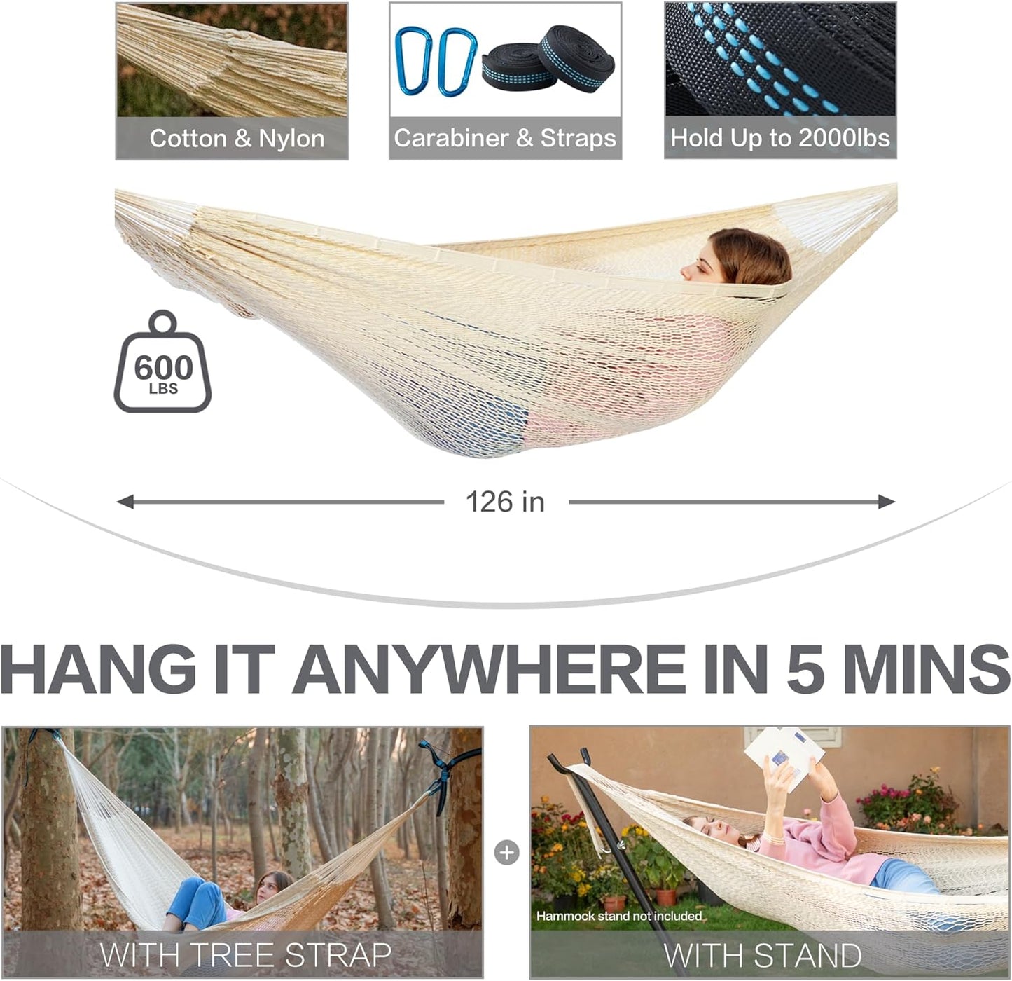 PNAEUT Handwoven Mayan Hammocks, Double Rope Hammock for Outdoor Outside & Indoor, Thick Soft 600 lbs Capacity Heavy-Duty, Includes Tree Straps, Carabiners & Carrying Bag (Nature, X-Large)
