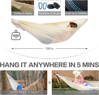 PNAEUT Handwoven Mayan Hammocks, Double Rope Hammock for Outdoor Outside & Indoor, Thick Soft 600 lbs Capacity Heavy-Duty, Includes Tree Straps, Carabiners & Carrying Bag (Nature, X-Large)