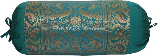Indian Jacquard Brocade Silk Bolster Yoga Rectangular Pillowcase Cover Cylindrical Hotdog Dark Green Tubular Masand Living Room Elephant Indian Throw Cushion Cover 76x38 cm - 1 Pc