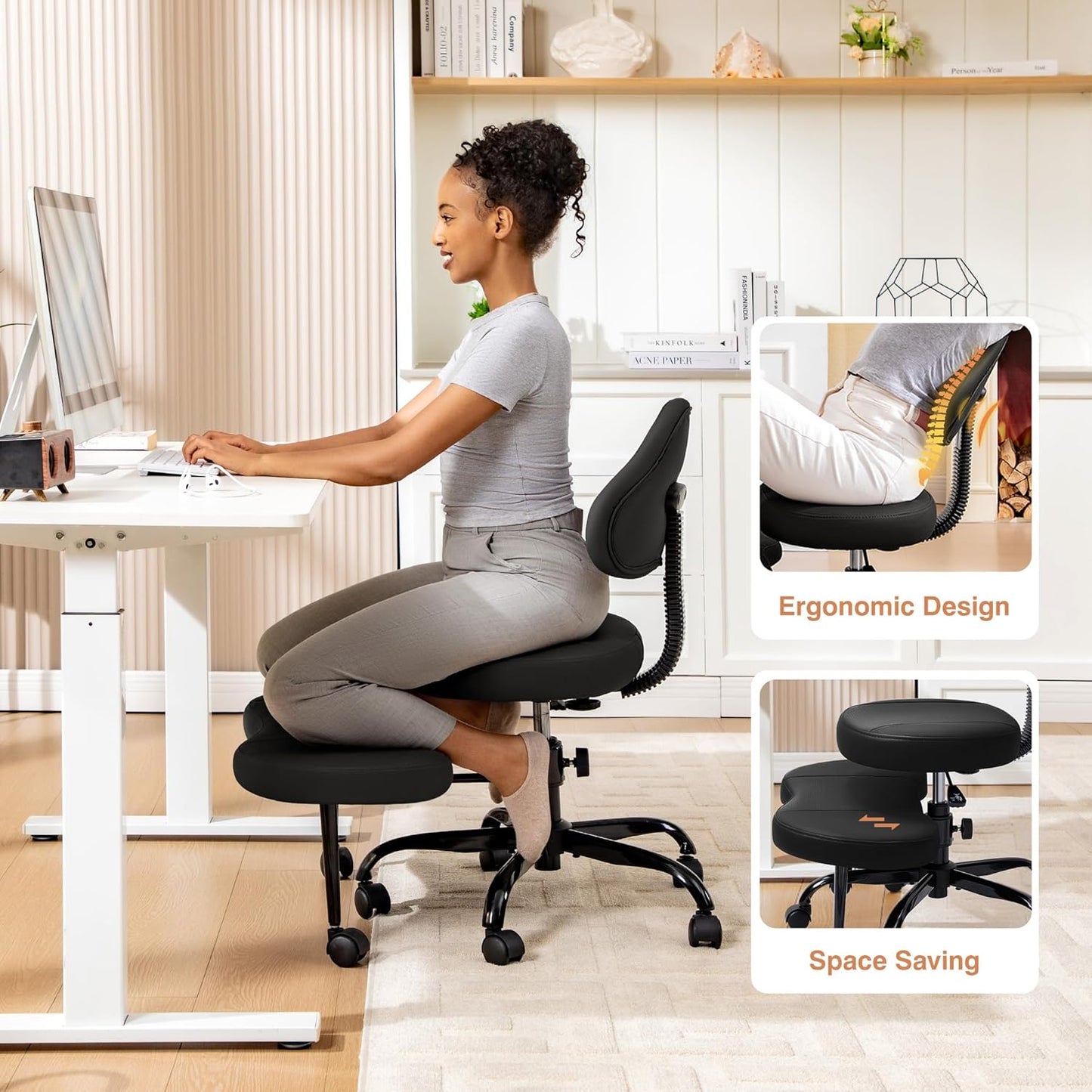 AtHope Cross Legged Office Chair, Criss Cross Desk Chair ADHD Meditation Kneeling Yoga Seat with Adjustable Height, Lumbar Support, Wider Footrest and Wheels (Black)