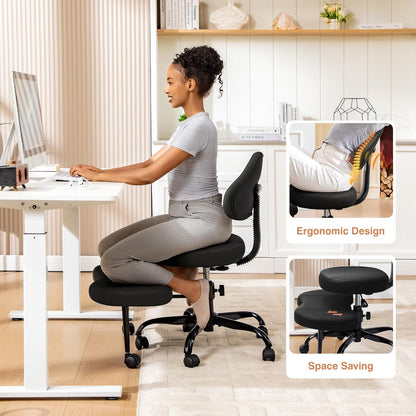 AtHope Cross Legged Office Chair, Criss Cross Desk Chair ADHD Meditation Kneeling Yoga Seat with Adjustable Height, Lumbar Support, Wider Footrest and Wheels (Black)