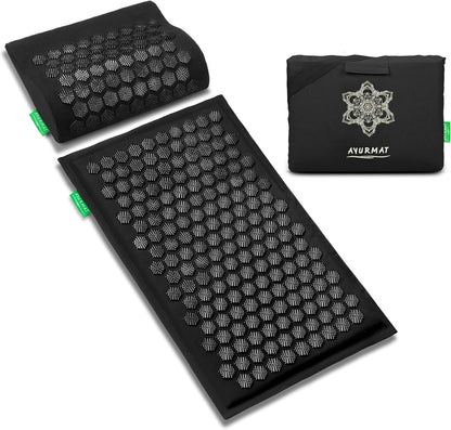 Acupressure Mat and Pillow Set - Full Body Pro Kit for Stress Relief, Muscle Relaxation & Pain Relief - Natural Eco-Friendly Linen & Coconut Fiber Mat - Includes Carrying Bag (Black)