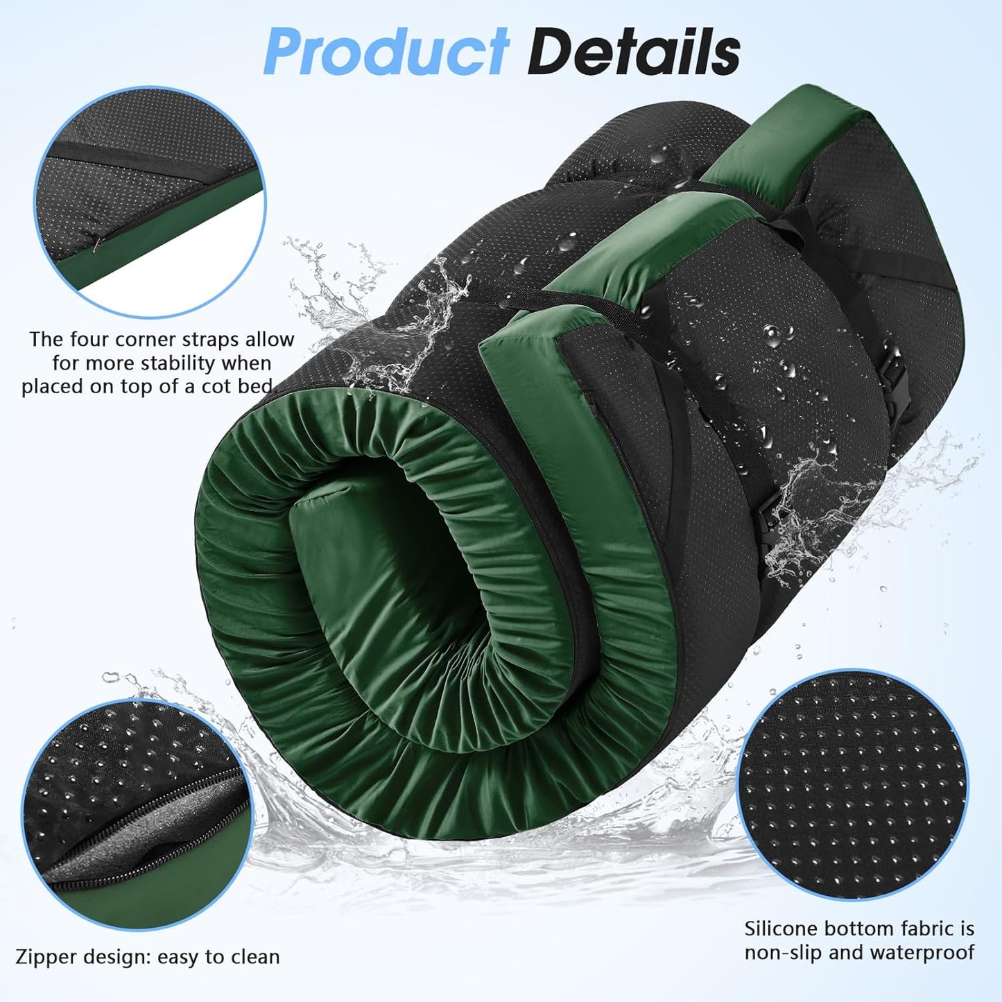 CYMULA Memory Foam Camping Mattress Pad,3inch Sleeping Pad for Camping,Non-Slip Bottom Floor Cot Car Mattress Bed with Retaining Portable Roll up Mattress Pad Mat for Travel Truck Guest Bed Tent