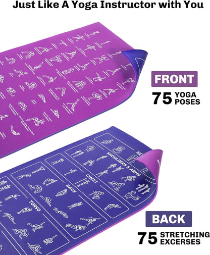Instructional Travel Yoga Mat with 75 Asanas Poses & Exercises - Exercise Mat for Home Workout, Includes Carrying Bag, 68"x24"x0.25"