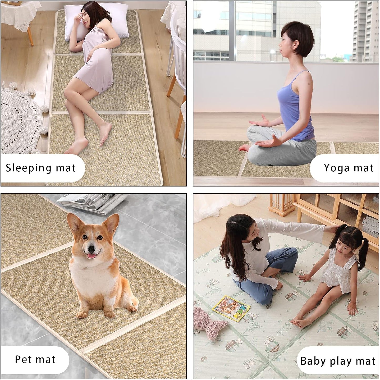 Japanese Tatami Mat Foldable Floor Mats Non-Slip Futon Mattress Sleeping Mat Summer Yoga Mat Indoor Outdoor Runner Rug Area Rug for Bedroom Living Room,Green