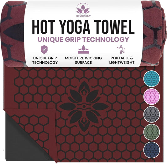 Clever Yoga Hot Yoga Mat Towel – Non-Slip Grip for Hot Yoga, Sweat Absorbent, Honeycomb Silicone Grip, Stays Flat – Ideal for Pilates, Travel, Washable & Lightweight - Gray
