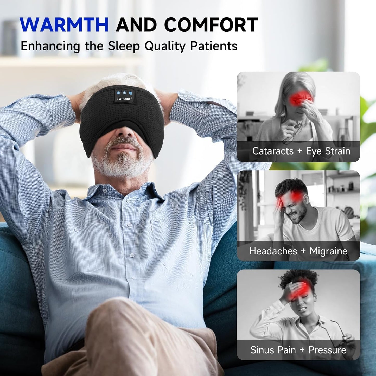 TOPOINT Sleep Mask with Headphones Bluetooth 5.4 Wireless, Sleep Headphones Earphones Earbuds with Microphone HD Speakers Music, Blackout Eye Mask for Sleeping Travel Meditation Men Women Cool Gadgets