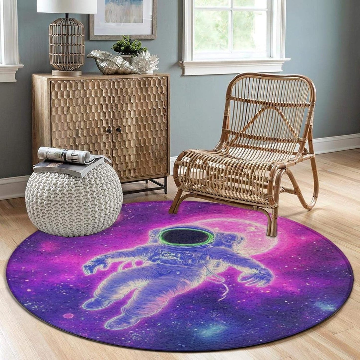 Home Decor Non Slip Kitchen Office Circle Rug, Machine Washable Modern Round Area Rug, Room Sofa Yoga Soft Round Carpet Purple Galaxy Trippy Space Astronaut Art, 36inch