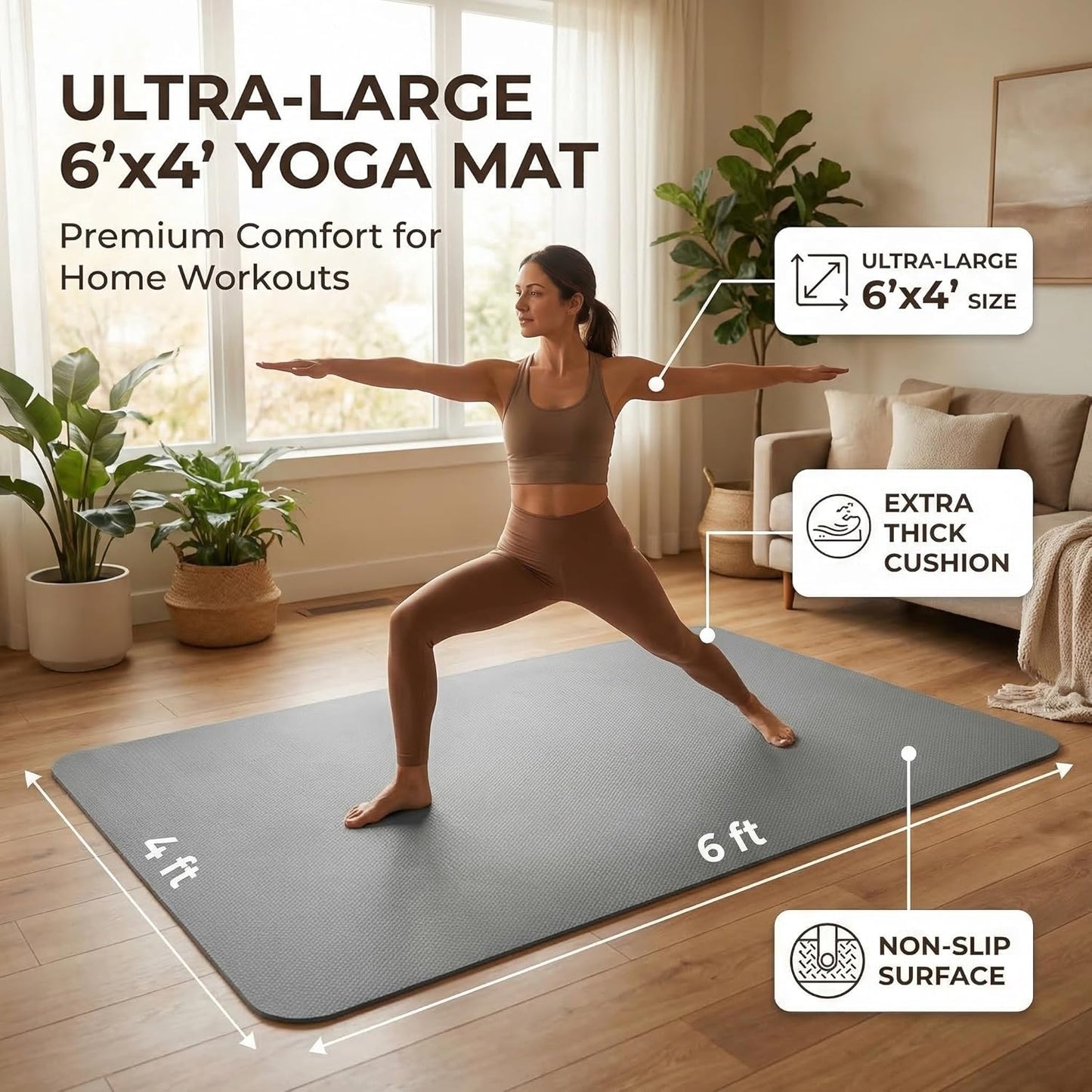 FrenzyBird Large Yoga Mat 6'x 4'（72”x 48”）—1/4" &1/3" Extra Wide Exercise Mat 183cm x 122cm Large Exercise Mat Big Home Yoga Mat Pilates Mat,Non Slip,Thick,TPE Workout Mat,for Women & Men, Yoga, Pilates, Gym and Floor Workouts Pilates