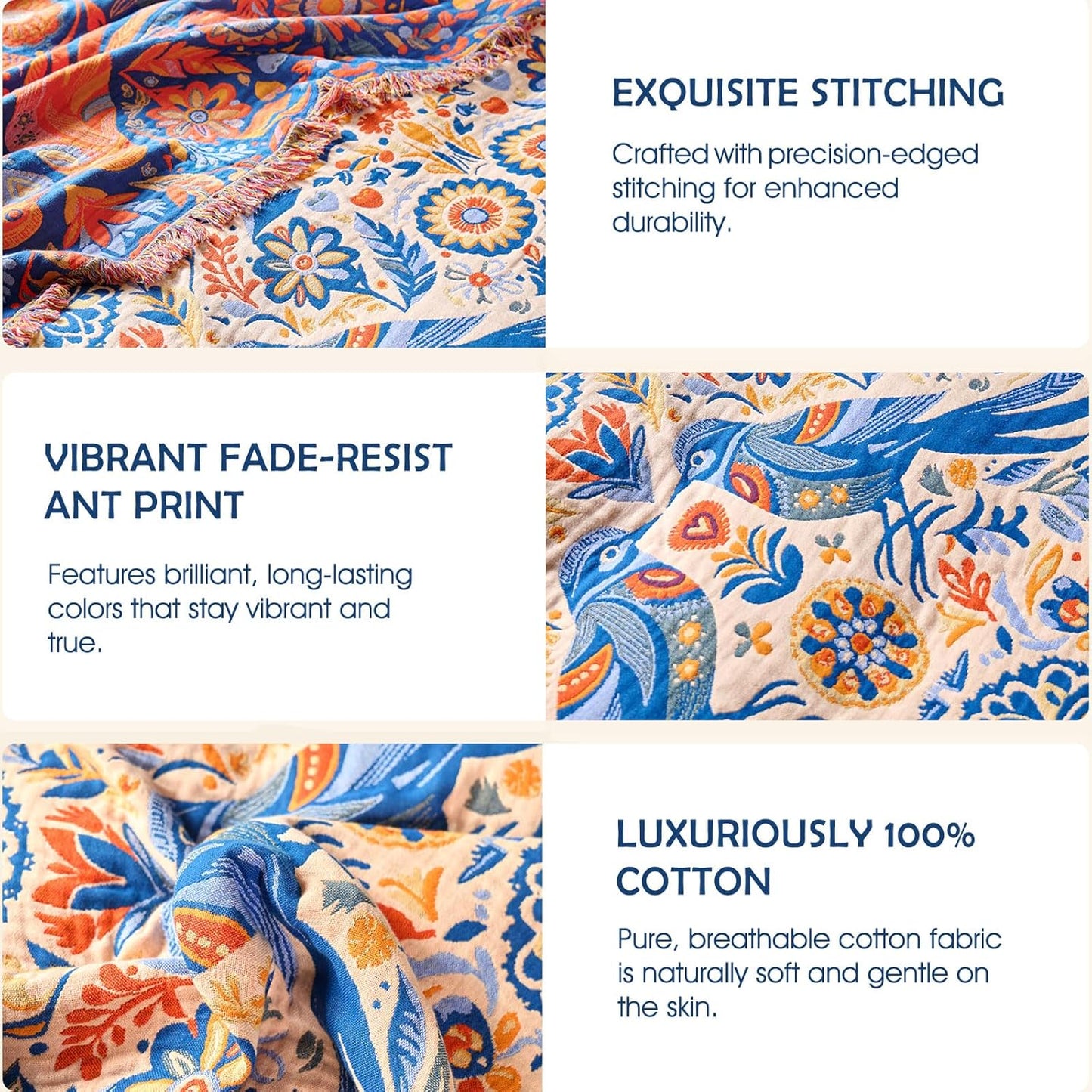 Boho Throw Blanket - 100% Cotton Soft Summer Throw Blanket for Bed, 50"x60" Reversible Breathable Lightweight Blankets, All Seasons Farmhouse Decor Floral Plant Butterfly Throw Quilt