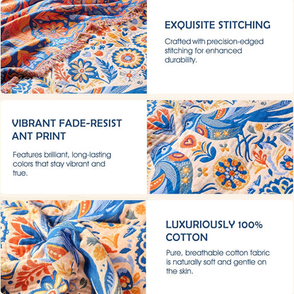 Boho Throw Blanket - 100% Cotton Soft Summer Throw Blanket for Bed, 50"x60" Reversible Breathable Lightweight Blankets, All Seasons Farmhouse Decor Floral Plant Butterfly Throw Quilt