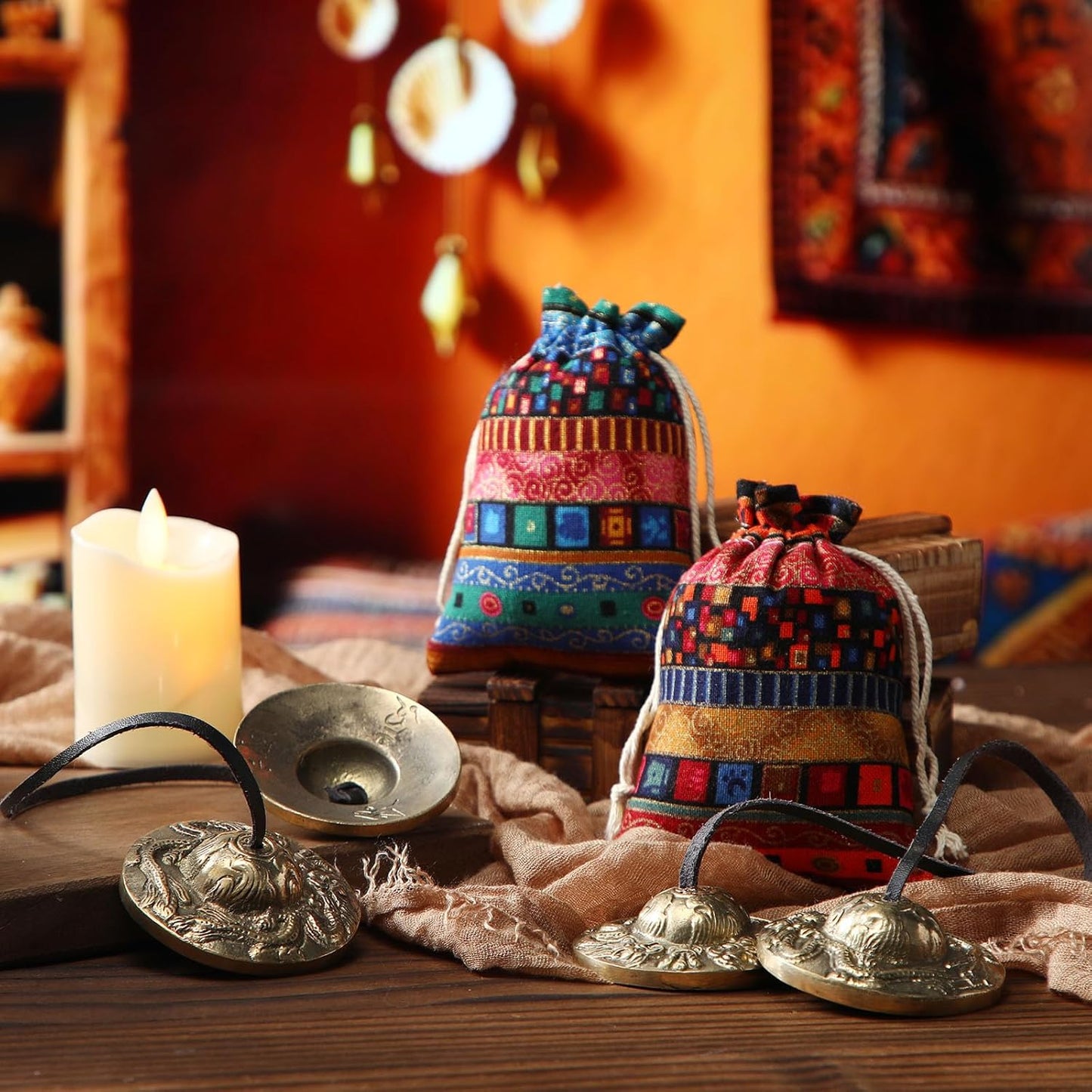 Foilswirl 2 Pcs Tibetan Tingsha Cymbals with 2 Pcs Tibetan Drawstring Cloth Bags Meditation Chime Bells 2.56 Inch Handcrafted Meditation Accessory(Om Mane Padme Hum Symbols Embossed,Blue,Green)