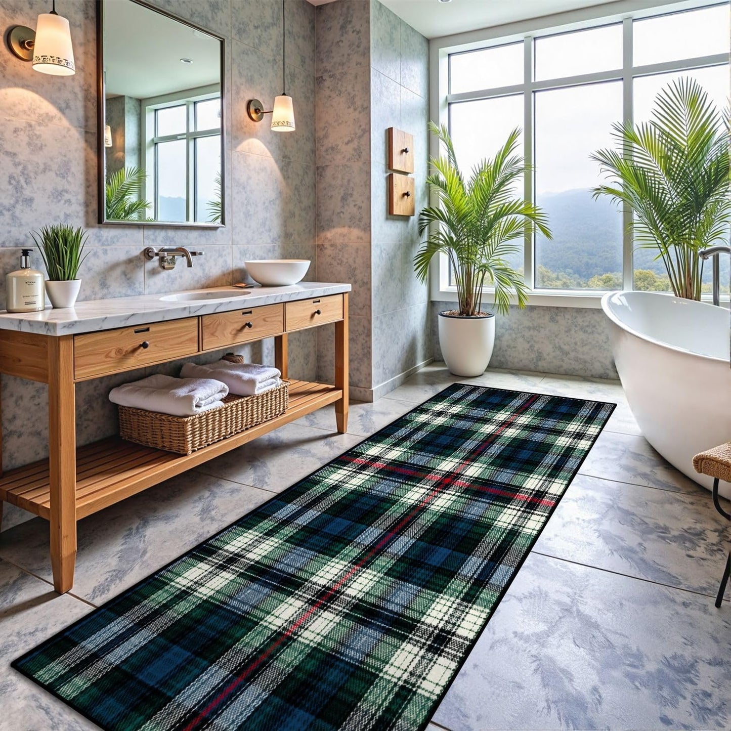 Runner Rug Washable 2x6 White Navy Blue Green Tartan Plaid Scottish Texture from Tartan Plaid Non-Slip Hallway Area Rug Indoor Outdoor Home Decor for Entryway Bathroom Kitchen Carpet Yoga Floor Mat