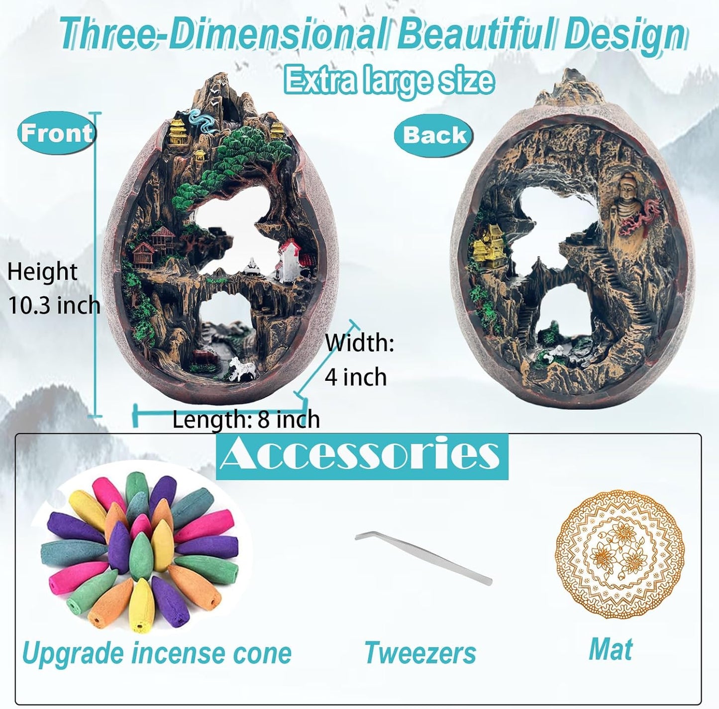 Mountain Waterfall Incense Burner，Backfall Incense Holder River, Incense Falls Meditation Decor for Room with Upgrade Incense Cones and Accessories (Mountain)