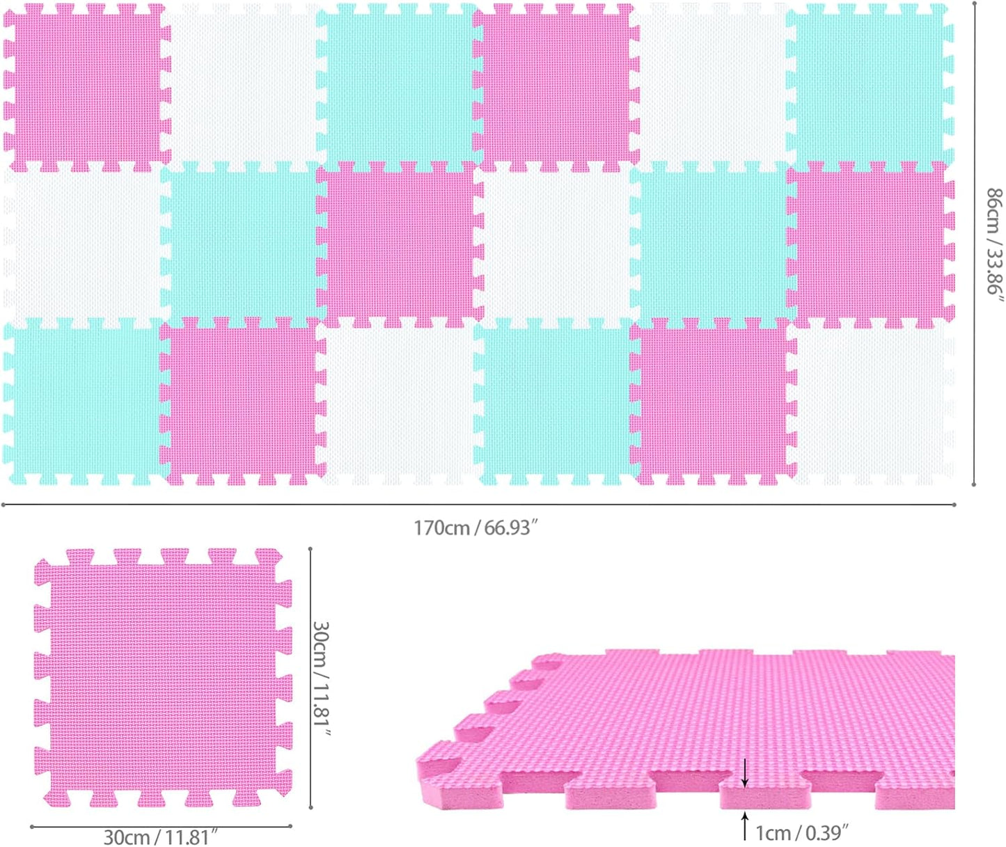 qqpp EVA Rubber 18 Tiles Interlocking Puzzle Foam Floor Mats - Baby Play Mat for Playing | Exercise Mat for Home Workout. White, Pink, Gray. QC-ACLb18N