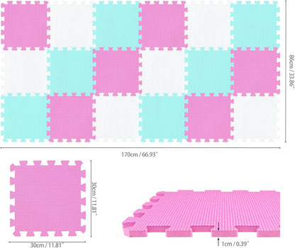 qqpp EVA Rubber 18 Tiles Interlocking Puzzle Foam Floor Mats - Baby Play Mat for Playing | Exercise Mat for Home Workout. White, Pink, Gray. QC-ACLb18N