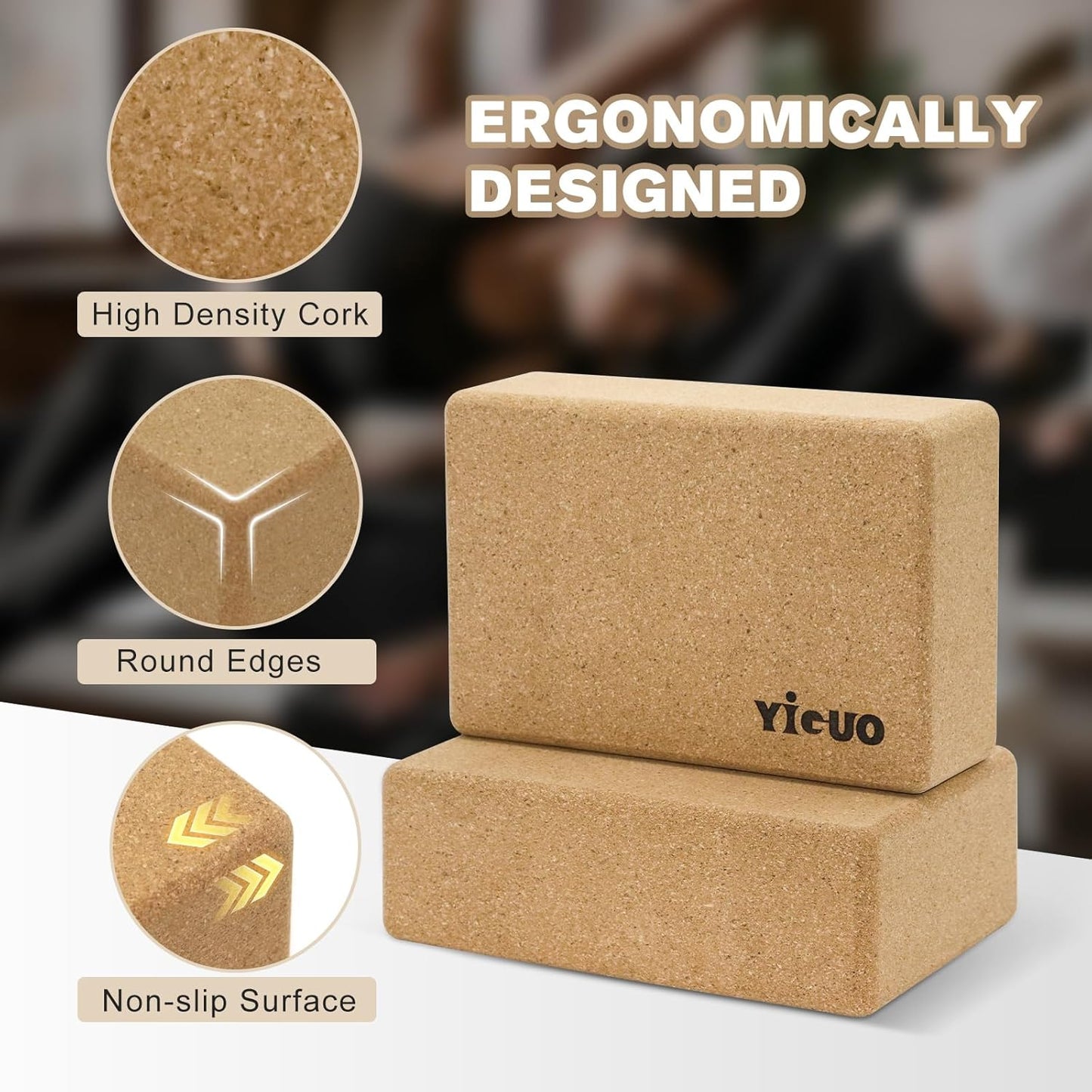 YIGUO 2 Pack Cork Yoga Blocks | Natural Eco-Friendly High Density Non-Slip Yoga Blocks for Women & Men | 9x6x3 Inches for Yoga, Pilates, Stretching