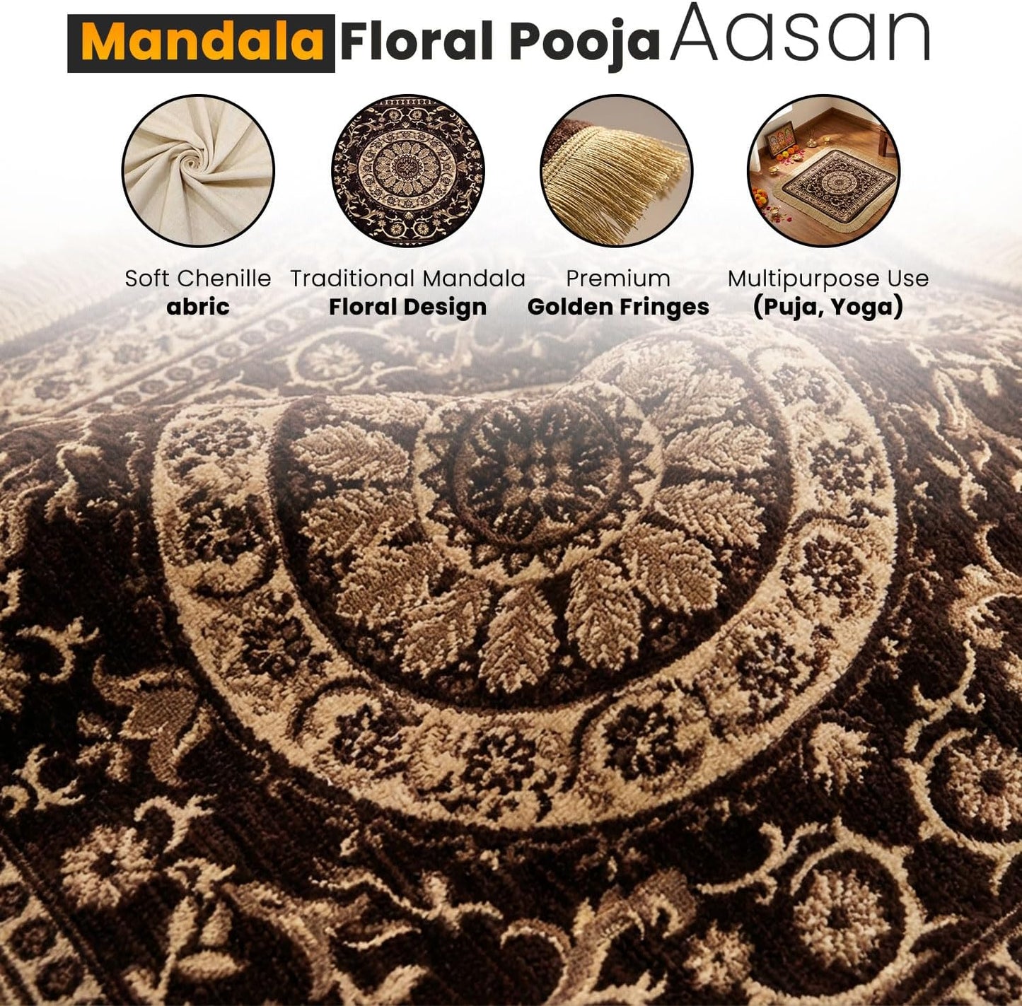 Soft Chenille Prayer Mat | Traditional Mandala Floral Pooja Aasan with Golden Fringes | Multipurpose Square Rug for Meditation, Yoga, Puja Room & Home (Red, 2x2 Feet)