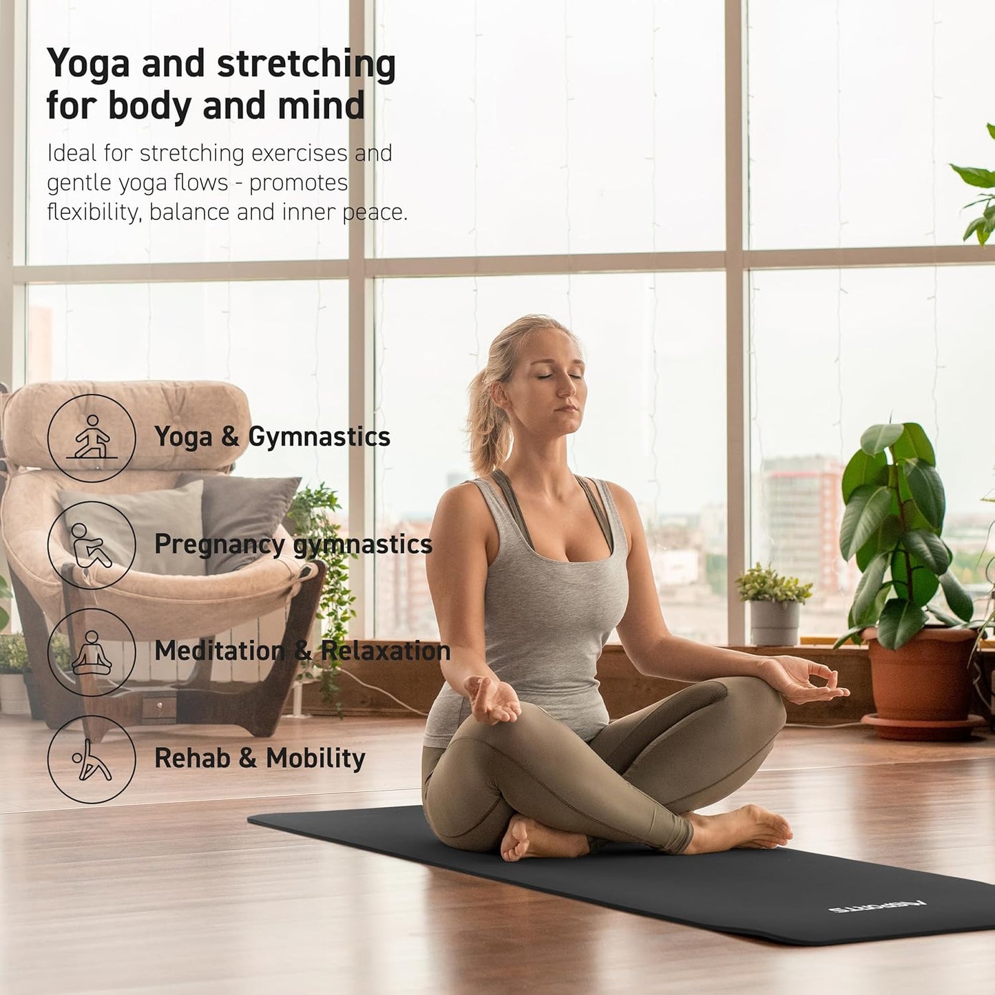 MSPORTS Yoga Mat Premium Non Slip Thick – Extra Comfortable Exercise Mat for Home Workouts, Pilates, Stretching & Gym – Cushioned NBR Foam, Gym Mat with Strap, for Women & Men