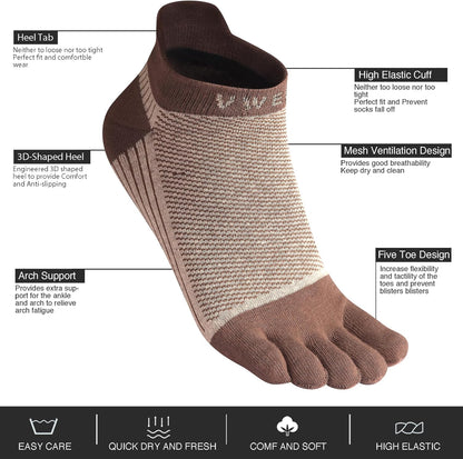VWELL Cotton Toe Socks Five Finger Socks No Show Crew Athletic Running Socks 4 Pairs,Size 7-11