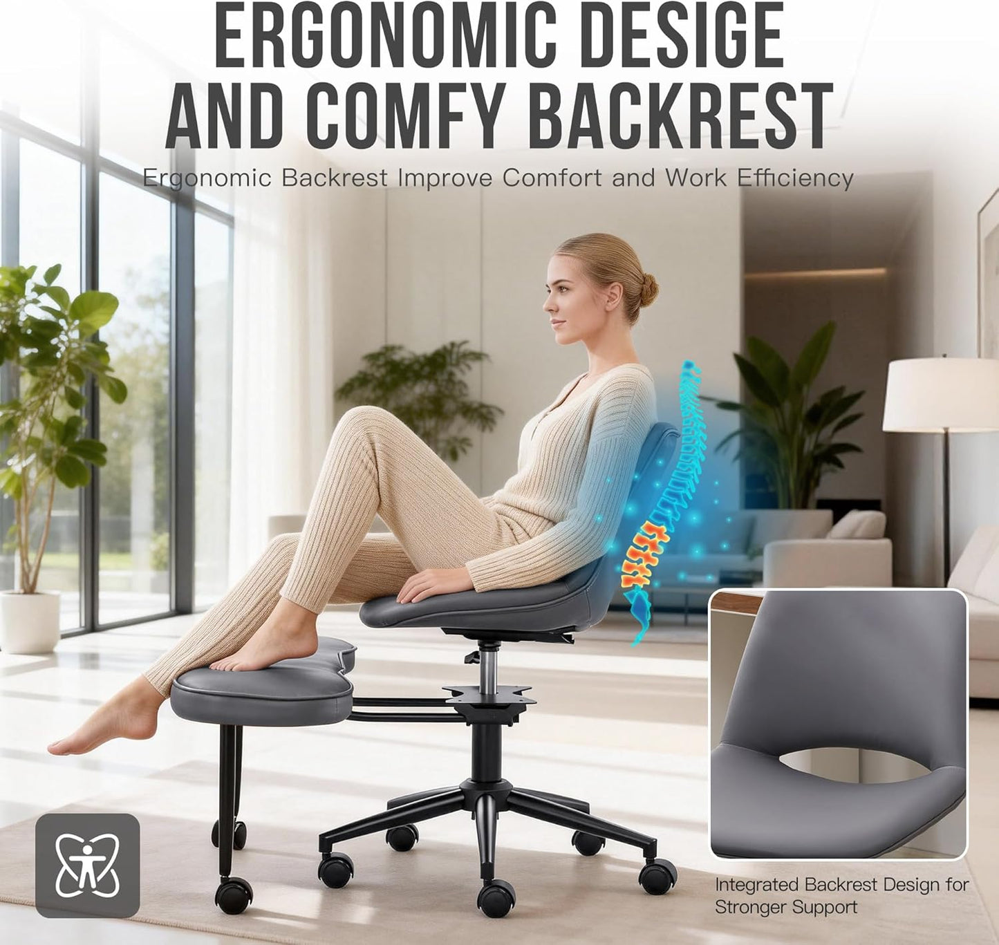 GAOMON Ergonomic Cross Legged Chair with High Lumbar Support, 360° Swivel Meditation Chair with Wheels - Adjustable Height for ADHD Desk & Yoga, PU Leather Yoga Stool for Home, Black