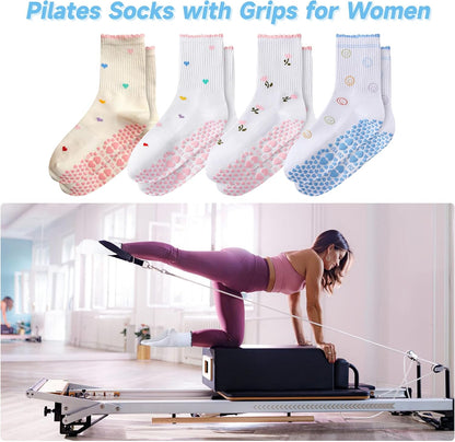 Grip Socks Pilates,4/6Pairs Cotton Cute Pilates Socks for Women, Ruffle Grippy Sock for Yoga Barre Hospital 5-10in