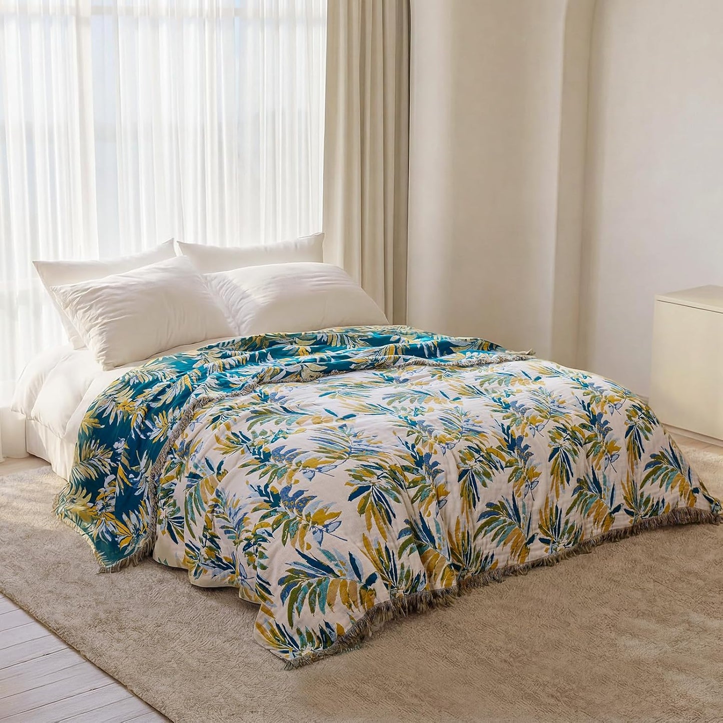 Boho Throw Blanket - 100% Cotton Soft Summer Throw Blanket for Bed, 50"x60" Reversible Breathable Lightweight Blankets, All Seasons Farmhouse Decor Floral Plant Butterfly Throw Quilt