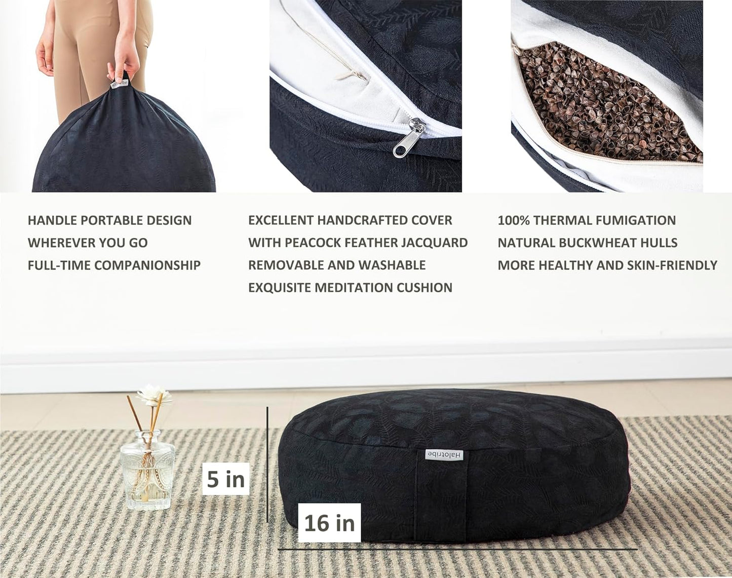 Meditation Cushion, Comfortable Meditation Pillow with Peacock Feather Jacquard Cover. Buckwheat Hull Filled Zafu Floor Pillow 16 * 16 * 5 in