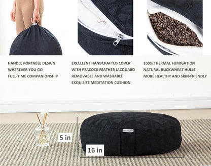 Meditation Cushion, Comfortable Meditation Pillow with Peacock Feather Jacquard Cover. Buckwheat Hull Filled Zafu Floor Pillow 16 * 16 * 5 in
