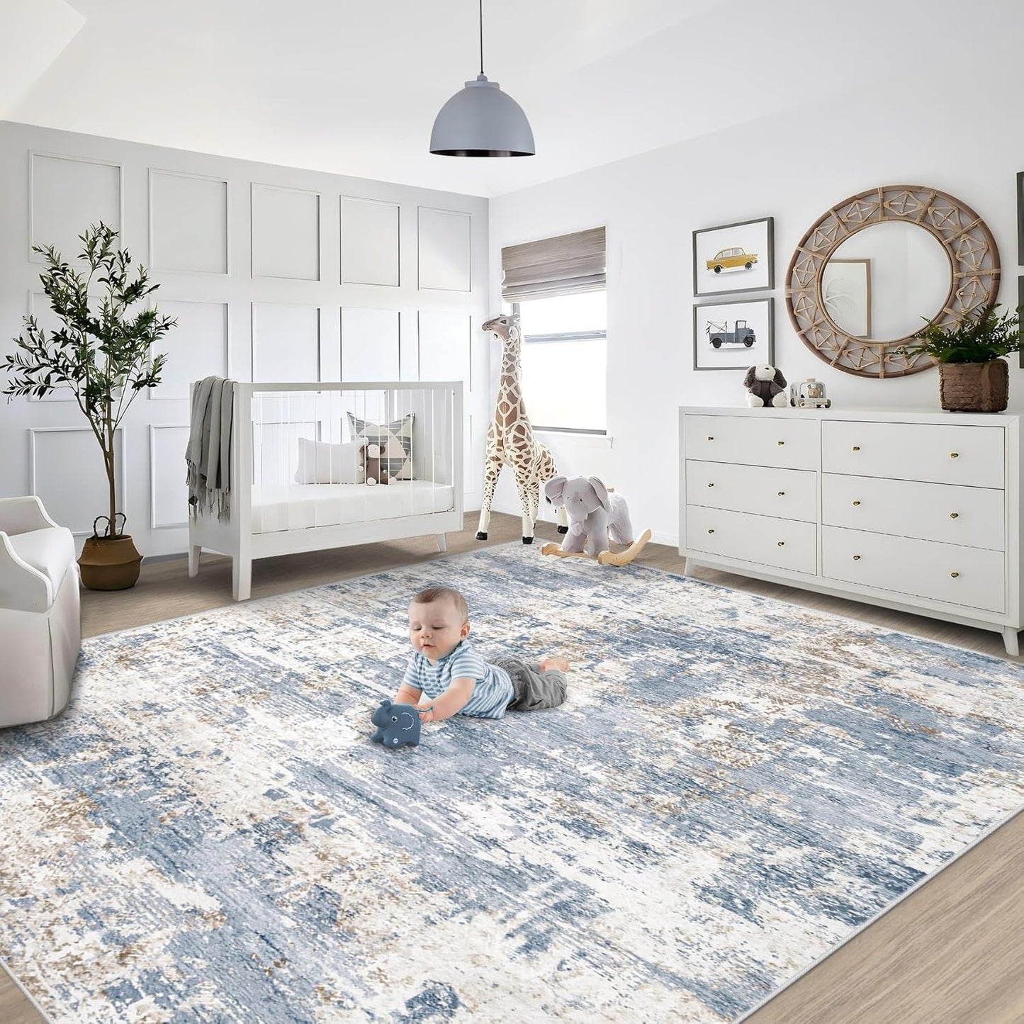 XLUEZ 8x10 Area Rugs for Living Room, Washable Modern Abstract Large Area Rug Neutral Soft Non Slip Kids Rug Stain Resistant Indoor Carpet for Bedroom Nursery Dining Children's Room(Blue, 8'x10')