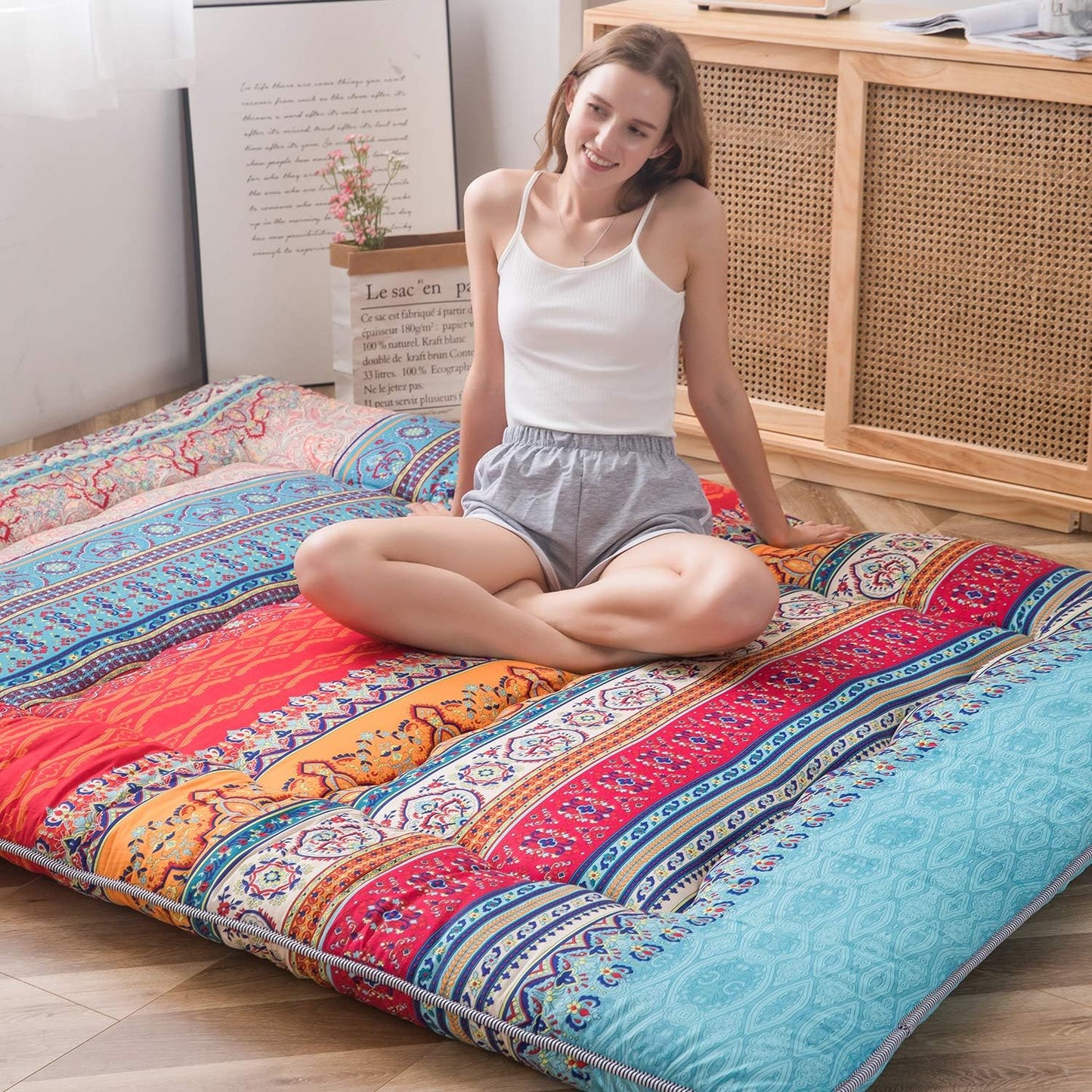 MAXYOYO Bohemian Retro Mattress Boho Floral Japanese Futon Mattress Tatami Floor Mat Foldable Portable Camping, Sleeping Pad, Lounger Couch Bed Full Size