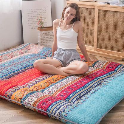 MAXYOYO Bohemian Retro Mattress Boho Floral Japanese Futon Mattress Tatami Floor Mat Foldable Portable Camping, Sleeping Pad, Lounger Couch Bed Full Size